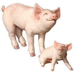 Vintage Late 20th Century Painted Ceramic Pig and Piglet Sculptures from Townsend