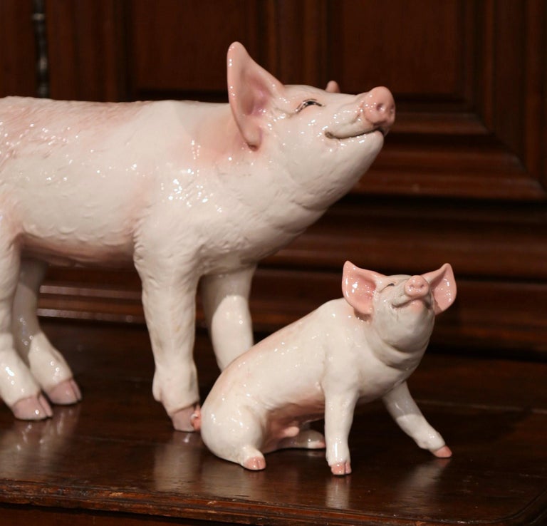 Late 20th Century Painted Ceramic Pig and Piglet Sculptures Set from