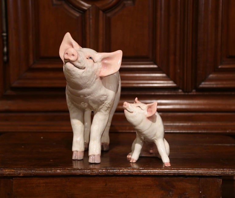 Late 20th Century Painted Ceramic Pig and Piglet Sculptures Set from