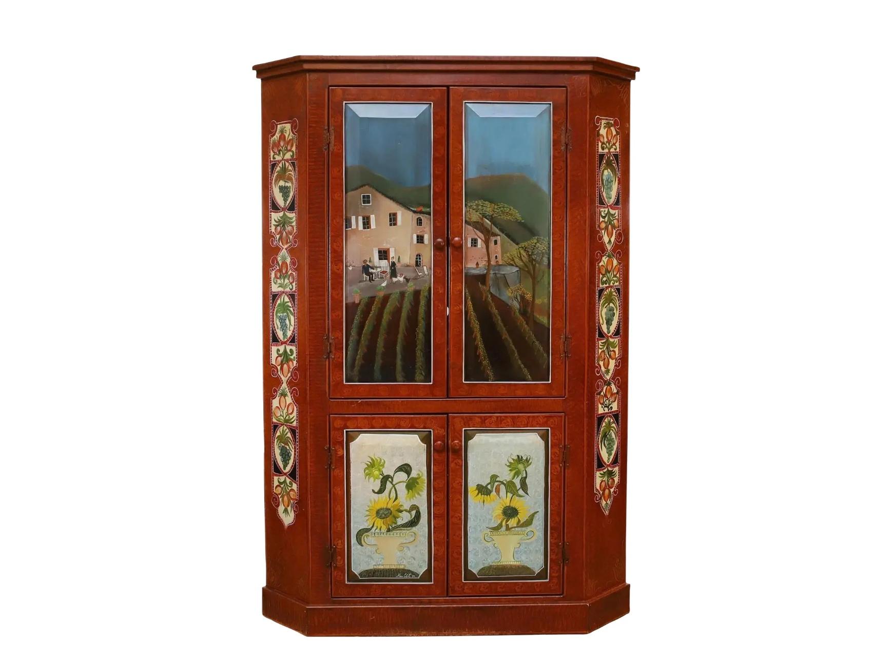 Folk Art Late 20th Century Painted Corner Armoire With Figural and Floral Motifs For Sale