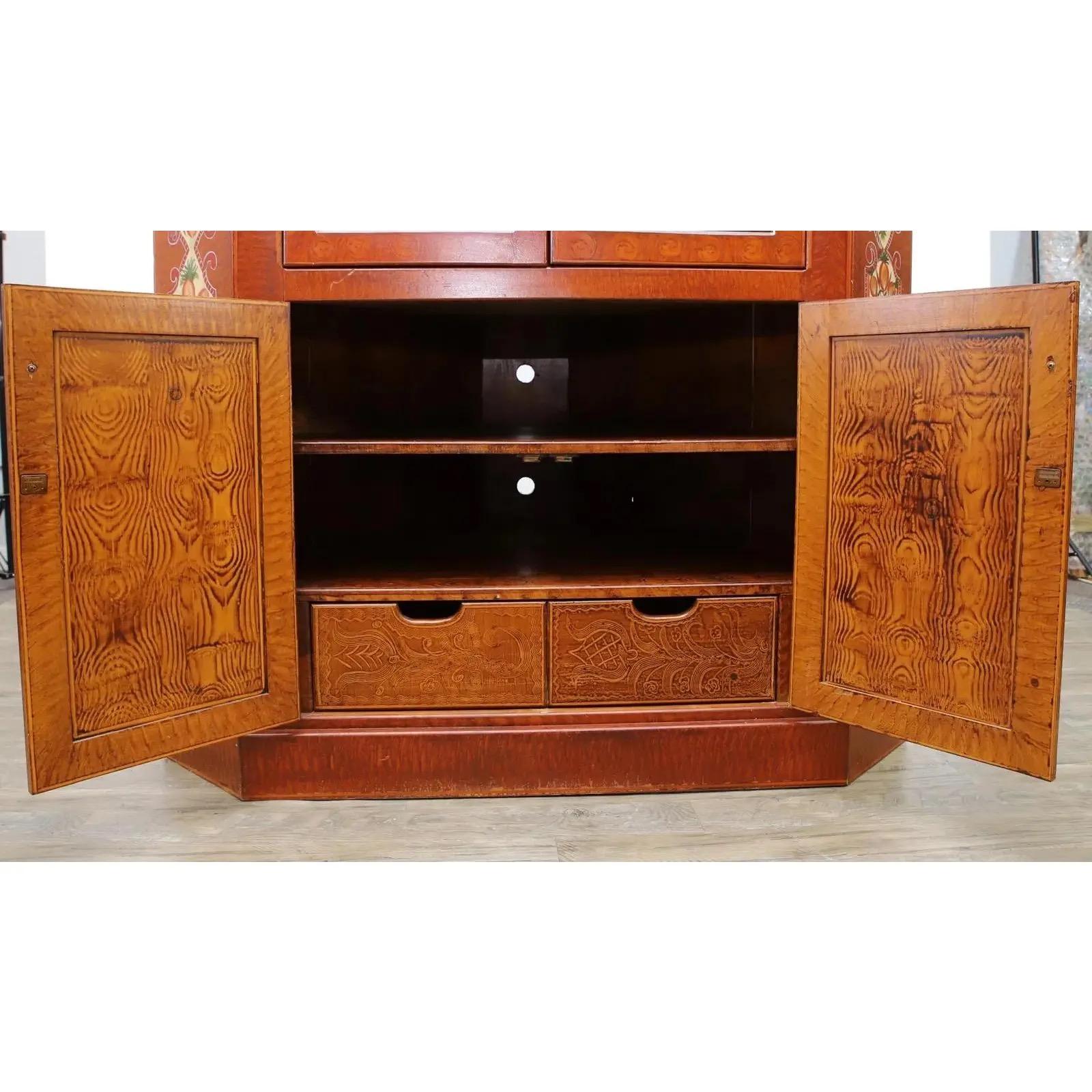 Pine Late 20th Century Painted Corner Armoire With Figural and Floral Motifs For Sale