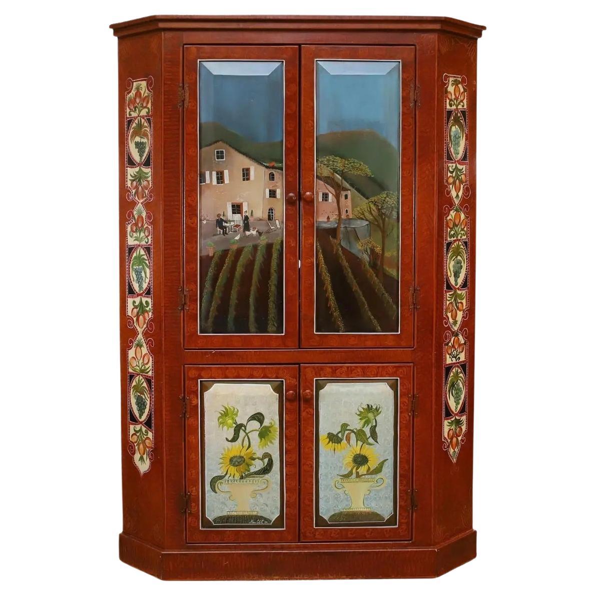 Late 20th Century Painted Corner Armoire With Figural and Floral Motifs