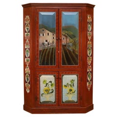 Late 20th Century Painted Corner Armoire With Figural and Floral Motifs