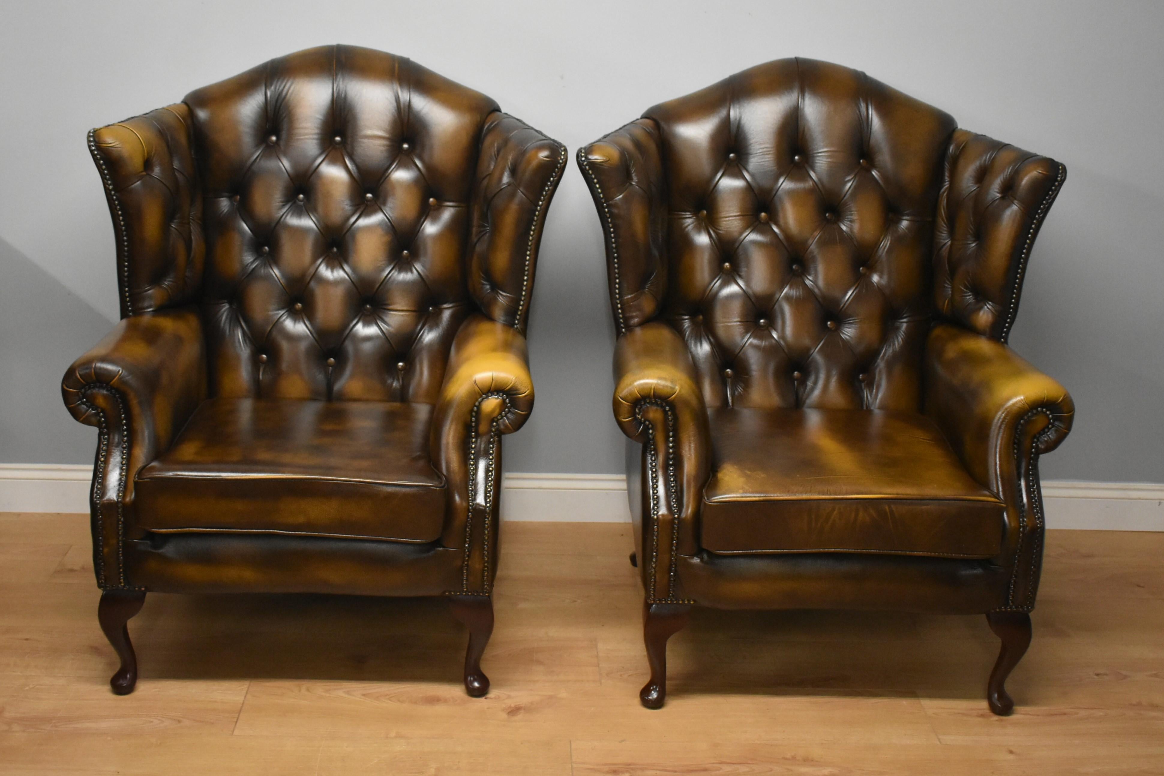 Queen Anne Late 20th Century Pair Leather of Button Back Wing  Armchairs