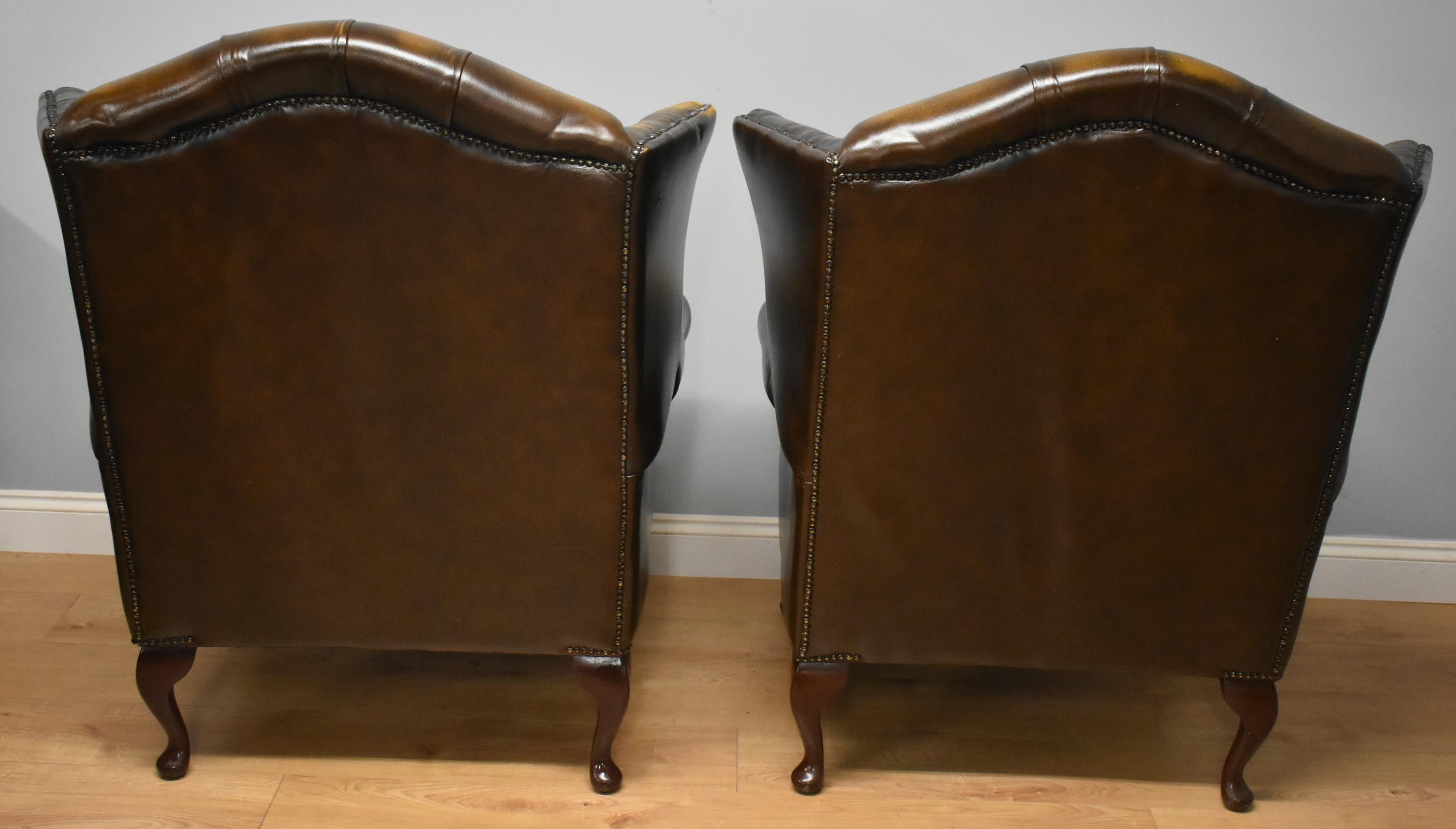 Late 20th Century Pair Leather of Button Back Wing  Armchairs 1