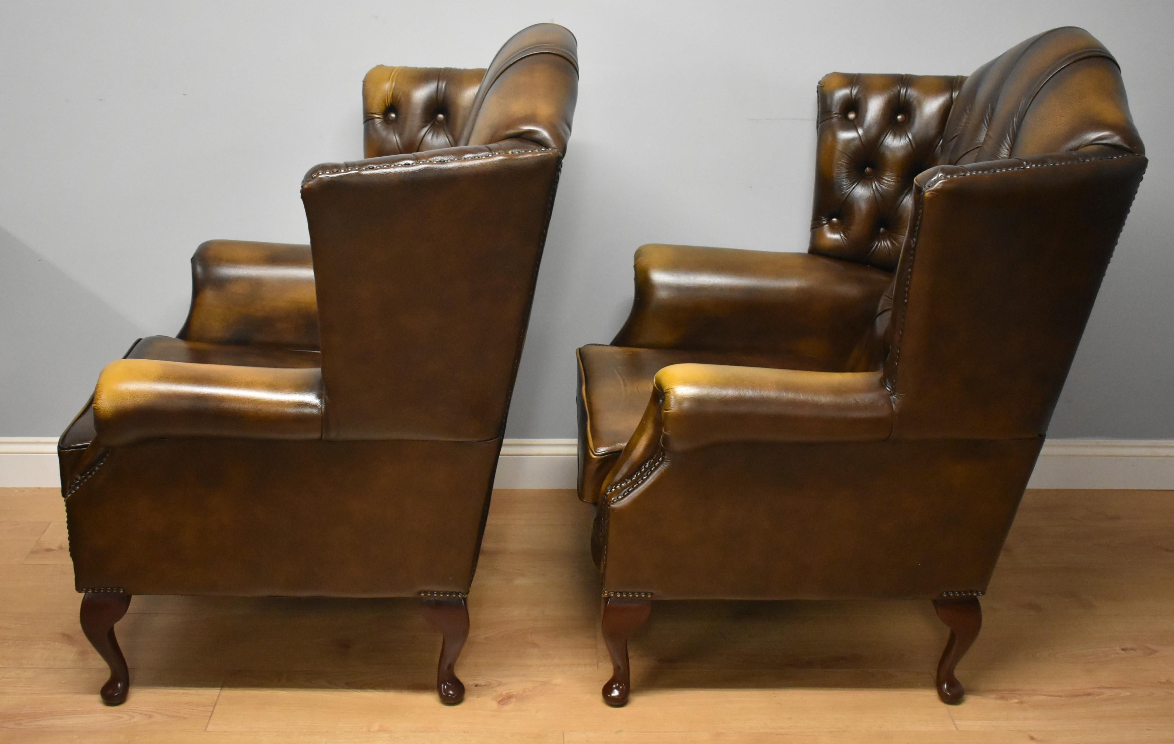 Late 20th Century Pair Leather of Button Back Wing  Armchairs 2