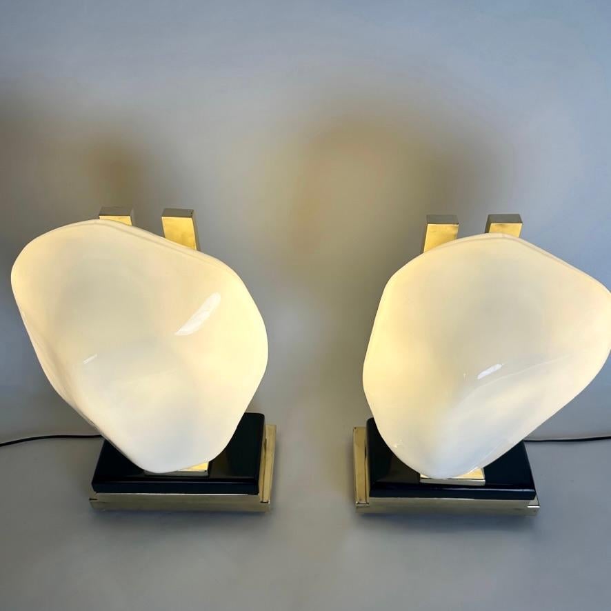Modern Late 20th Century Pair of Black Iron, Brass & White Murano Glass Table Lamps For Sale