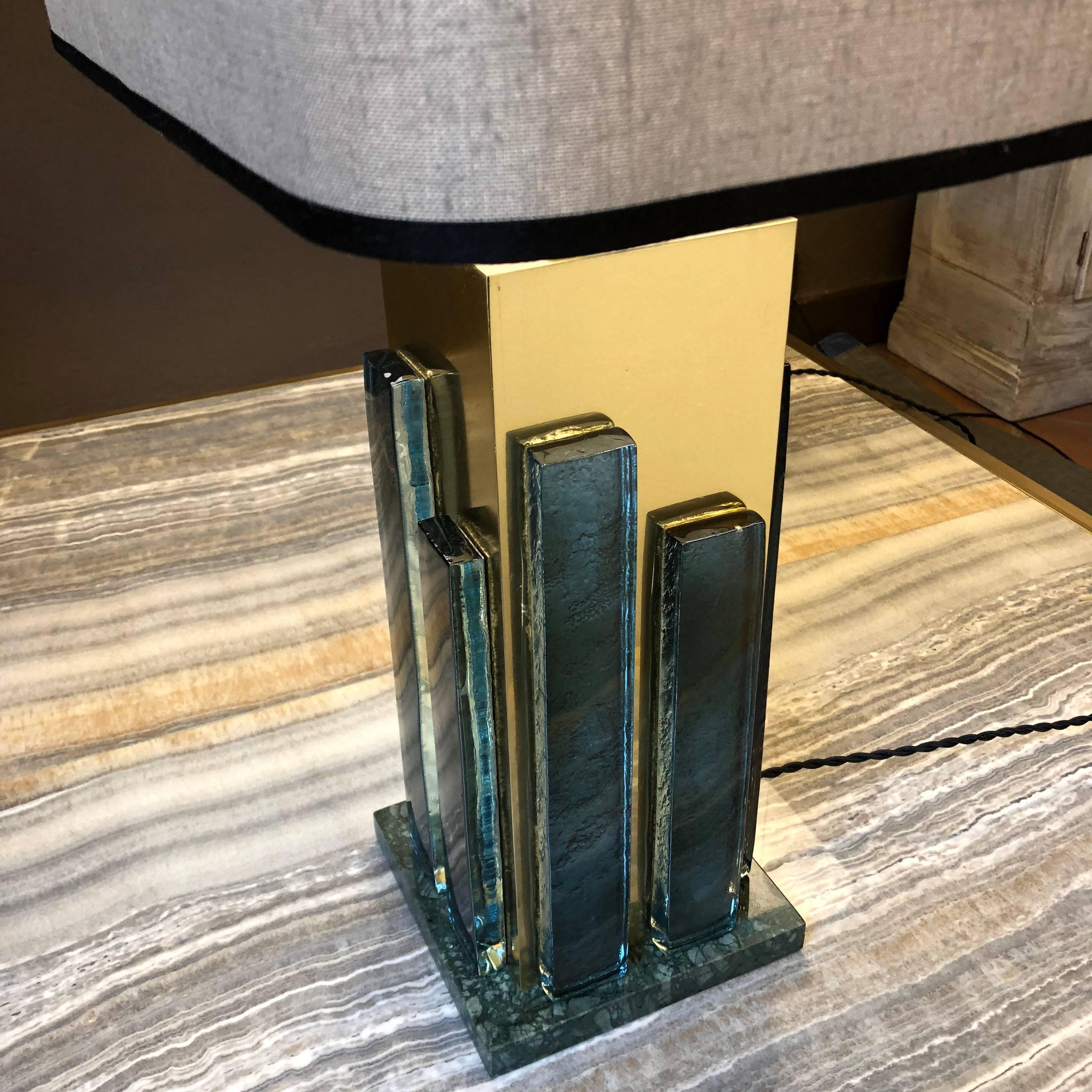 Late 20th Century Pair of Brass and Light Green Murano Glass Table Lamps In Excellent Condition In Firenze, Tuscany