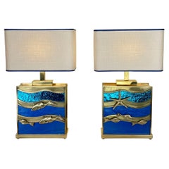 Late 20th Century Pair of Brass, Bronze & Blue Murano Art Glass Table Lamps