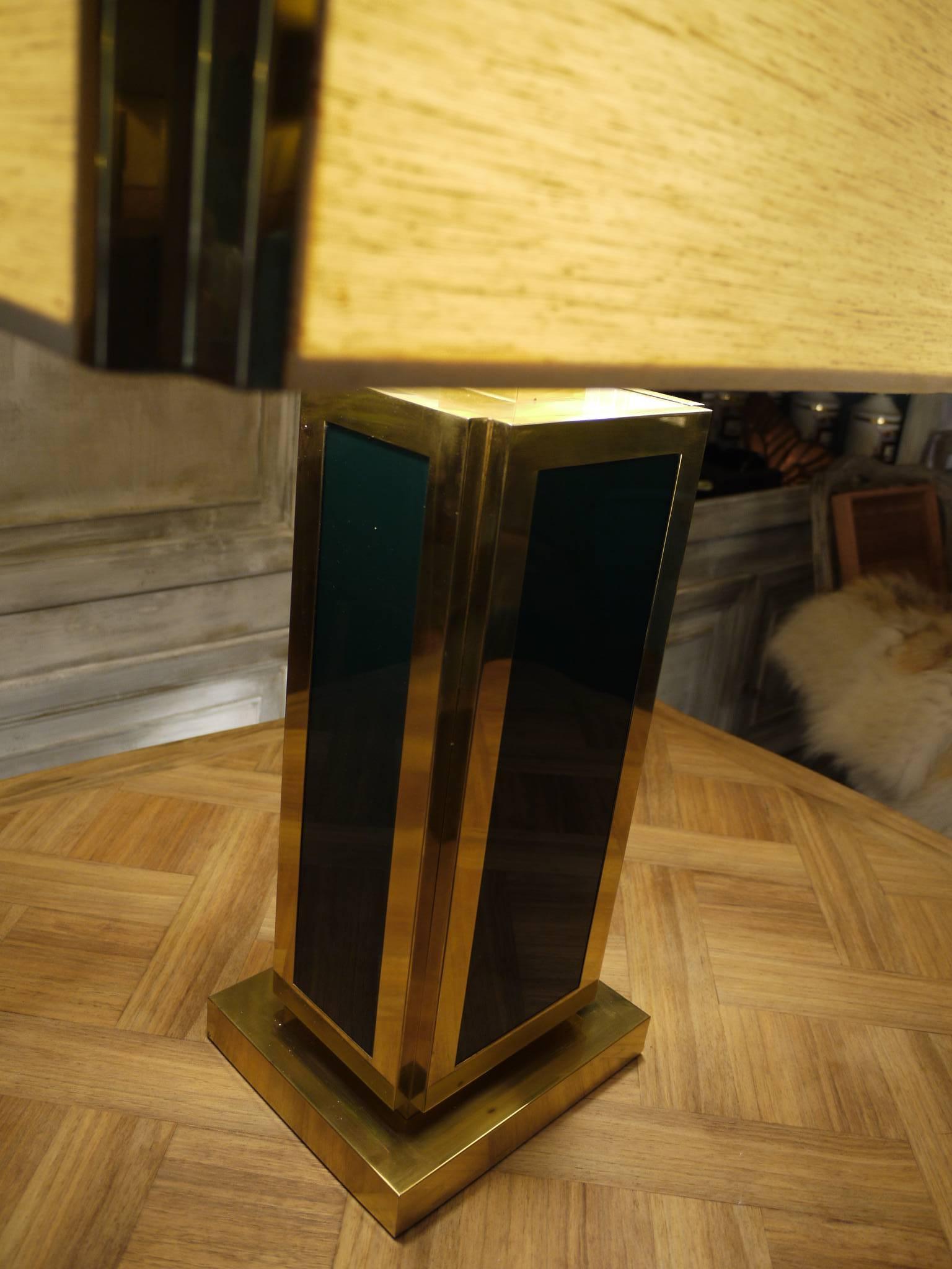 Italian Late 20th Century Pair of Brass & Green Glass Table Lamps with Shades by Liwan's