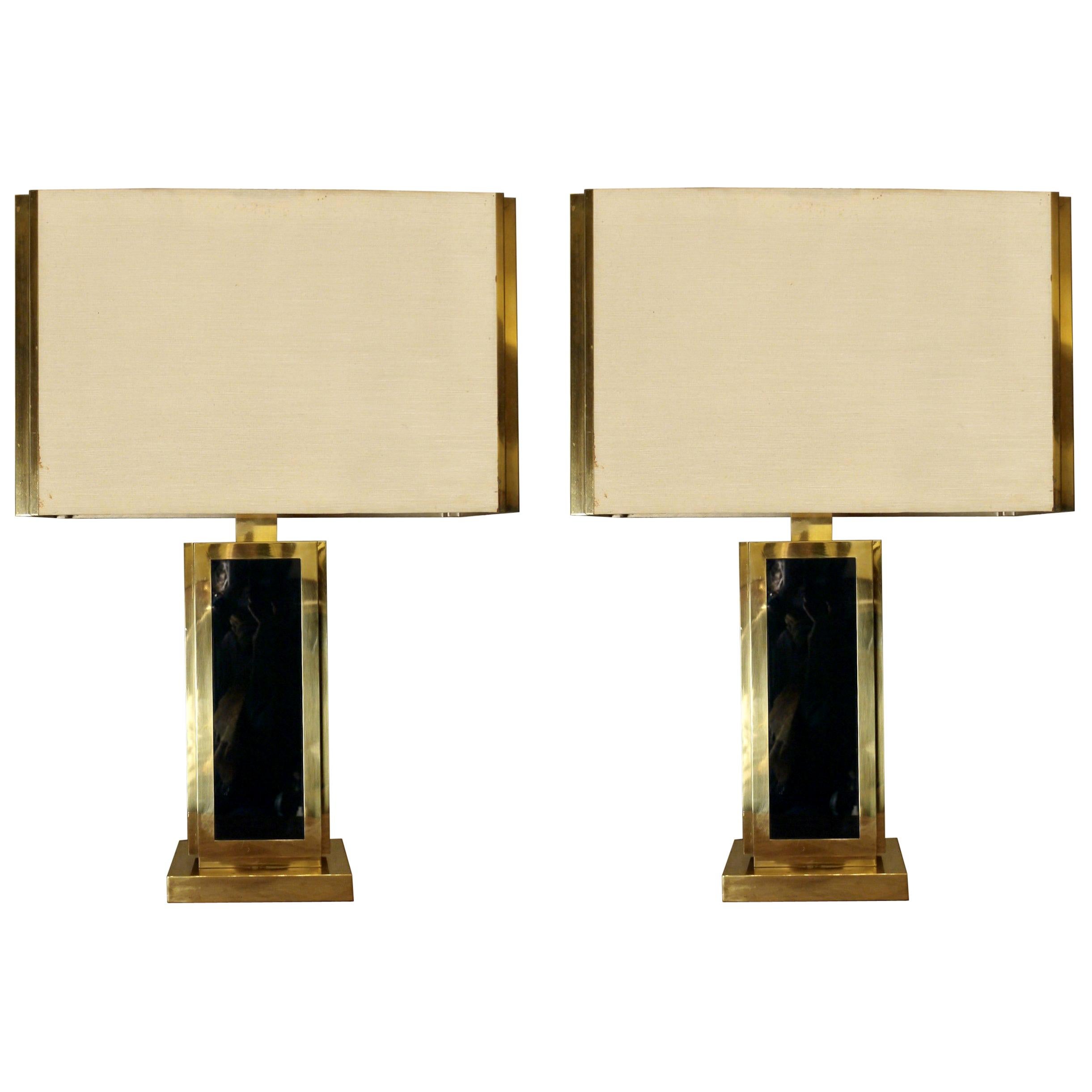 Late 20th Century Pair of Brass & Green Glass Table Lamps with Shades by Liwan's