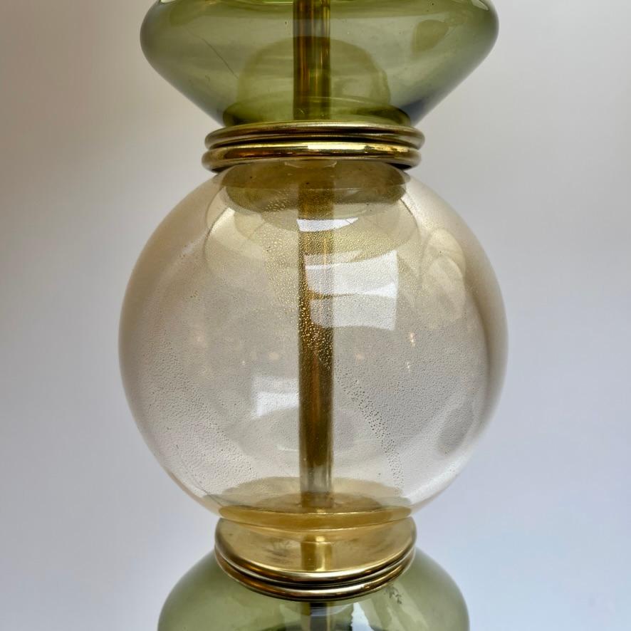 Murano Glass Late 20th Century Pair of Brass & Green/Gold Murano Art Glass Table Lamps For Sale