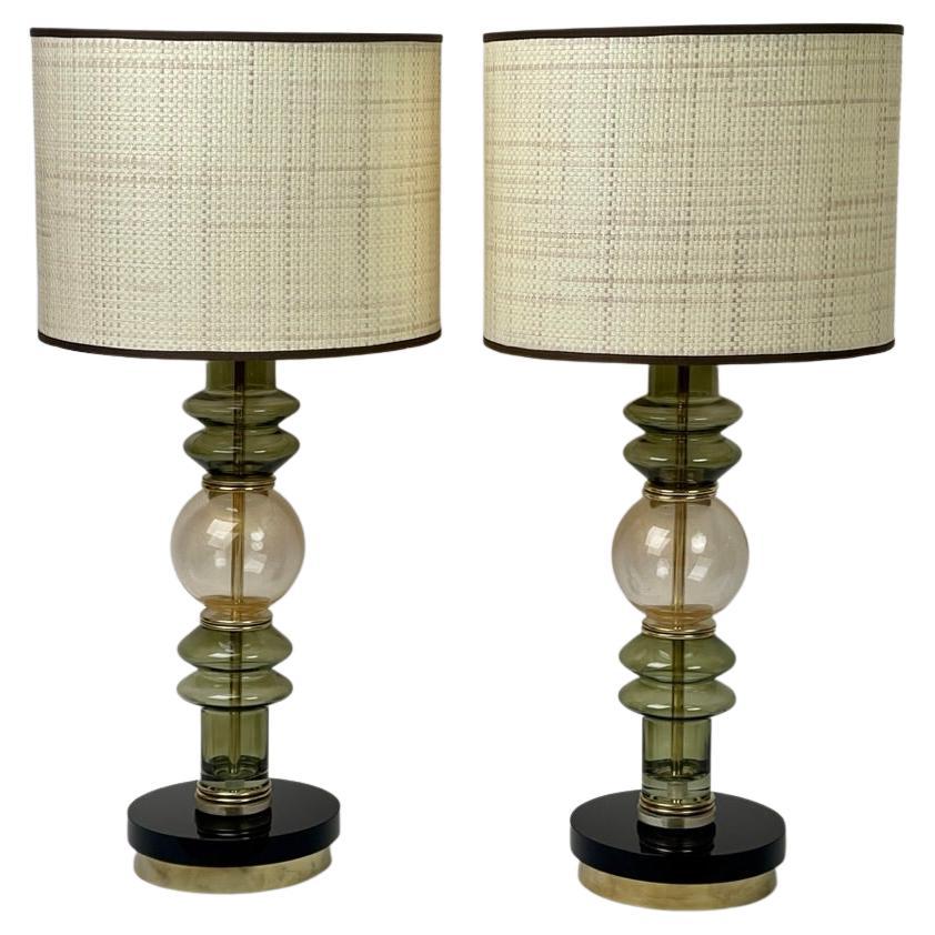 Late 20th Century Pair of Brass & Green/Gold Murano Art Glass Table Lamps For Sale
