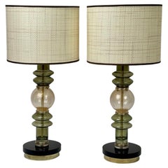 Late 20th Century Pair of Brass & Green/Gold Murano Art Glass Table Lamps