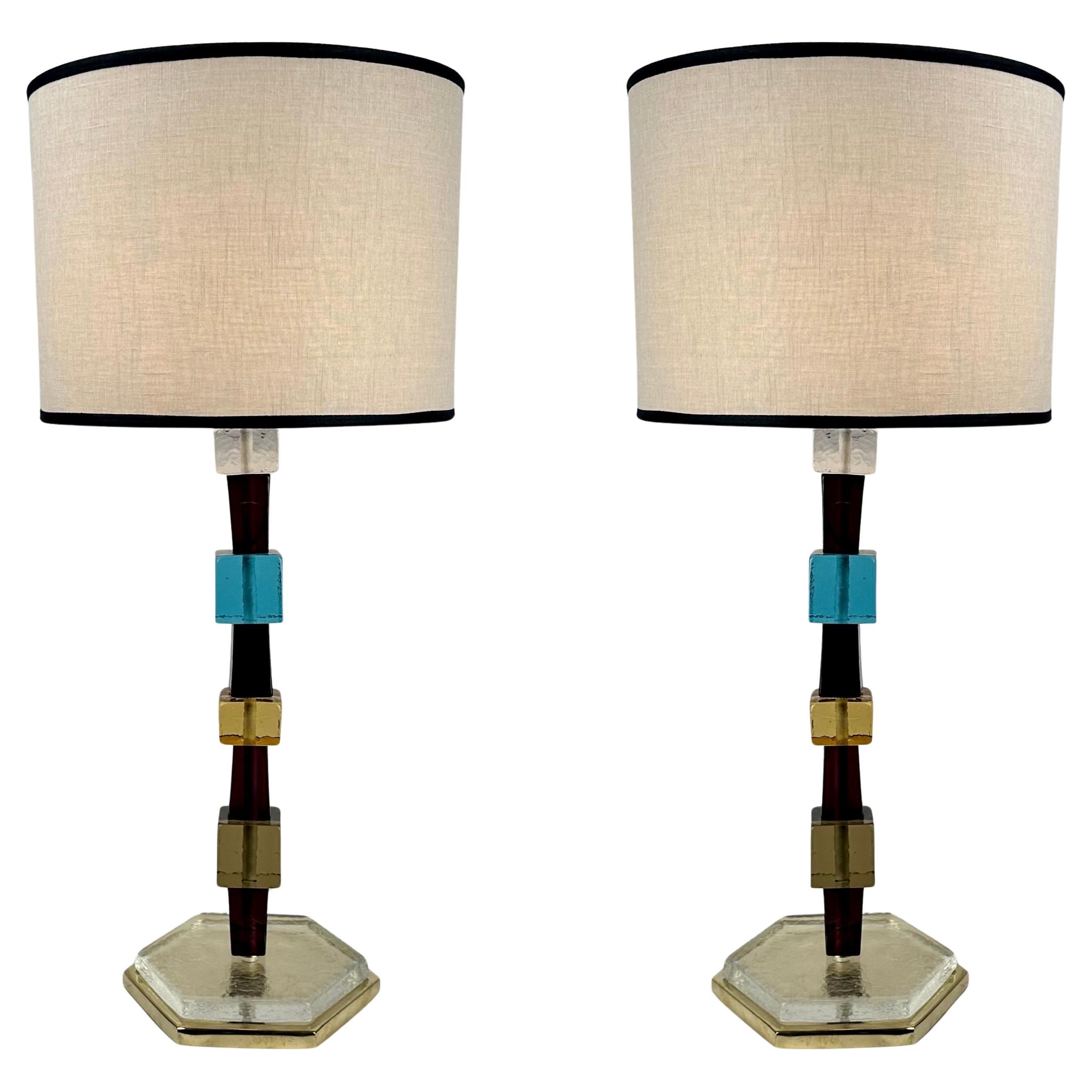 Late 20th Century Pair of Brass & Multicolored Murano Art Glass Table Lamps