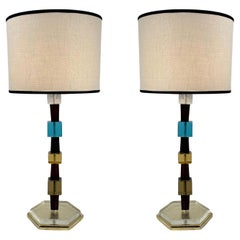Paar Tischlampen aus Messing und mehrfarbigem Murano-Kunstglas aus dem späten 20. Jahrhundert