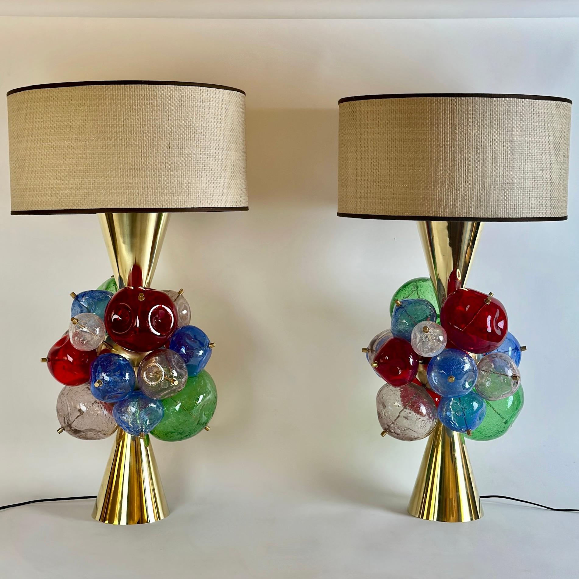 Late 20th Century Pair of Brass & Multicolored Pulegoso Art Glass Table Lamps 5