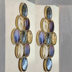 Late 20th Century, Pair of Brass & Oval Multicolored Murano Art Glass Sconces