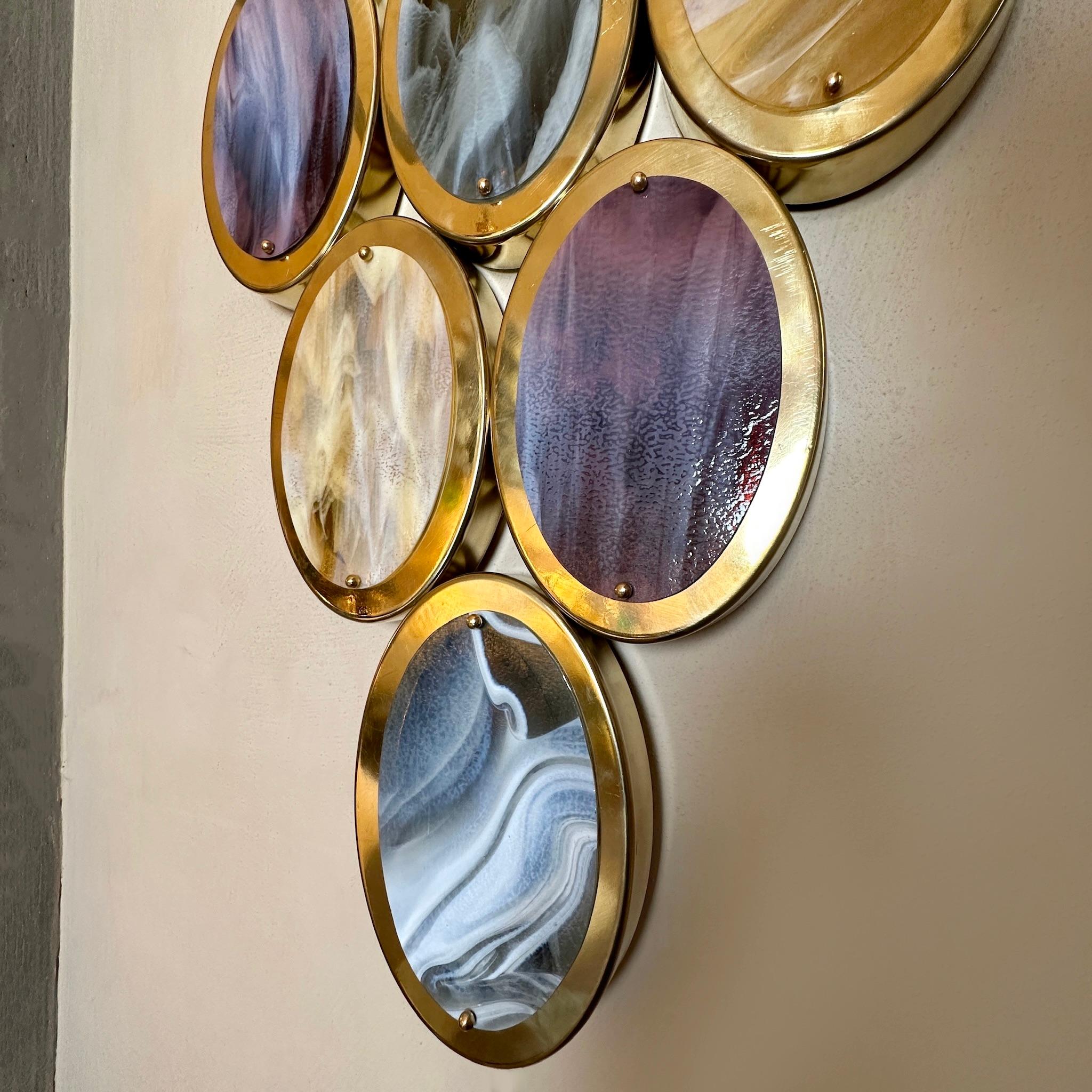 Late 20th Century, Pair of Brass & Oval Multicolored Murano Art Glass Sconces In Good Condition For Sale In Firenze, Tuscany
