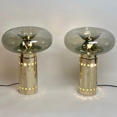 Late 20th Century Pair of Brass & Smoked Grey Blown Murano Art Glass Table Lamps