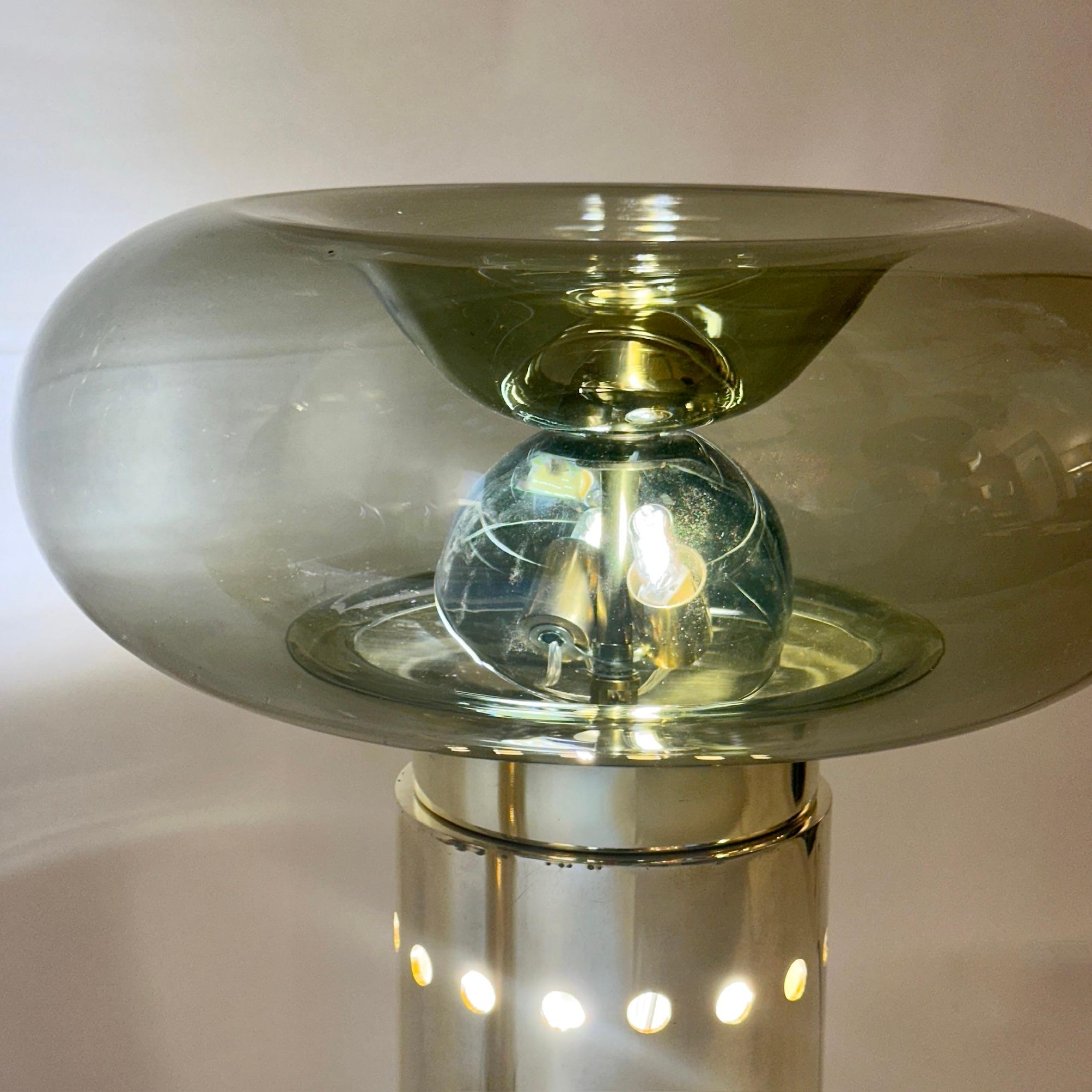 Late 20th Century Pair of Brass & Smoked Grey Blown Murano Art Glass Table Lamps For Sale 2