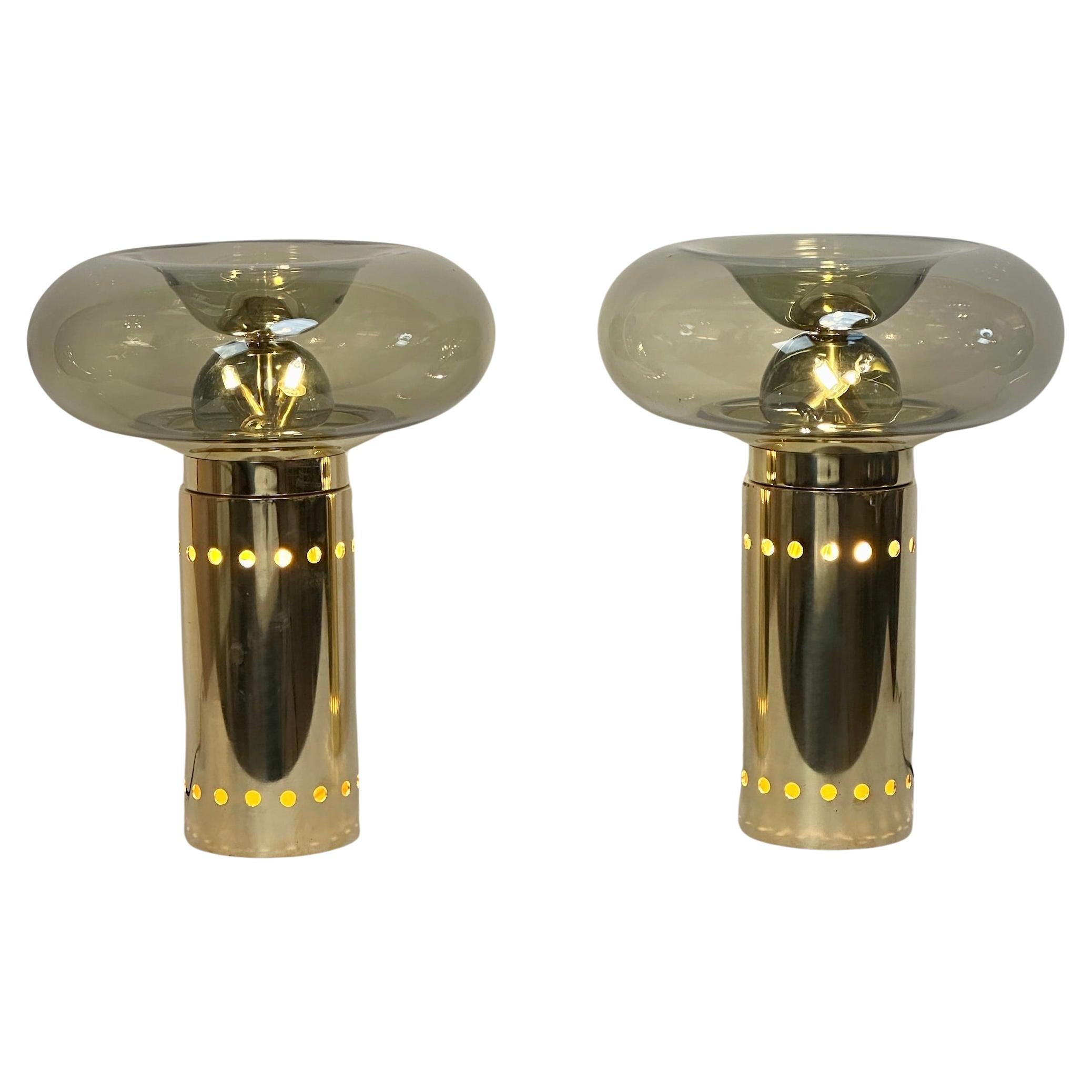 Late 20th Century Pair of Brass & Smoked Grey Blown Murano Art Glass Table Lamps For Sale