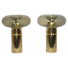 Vintage Late 20th Century Pair of Brass & Smoked Grey Blown Murano Art Glass Table Lamps