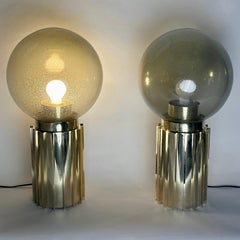 Late 20th Century Pair of Brass & Smoked Pulegoso Murano Art Glass Table Lamps