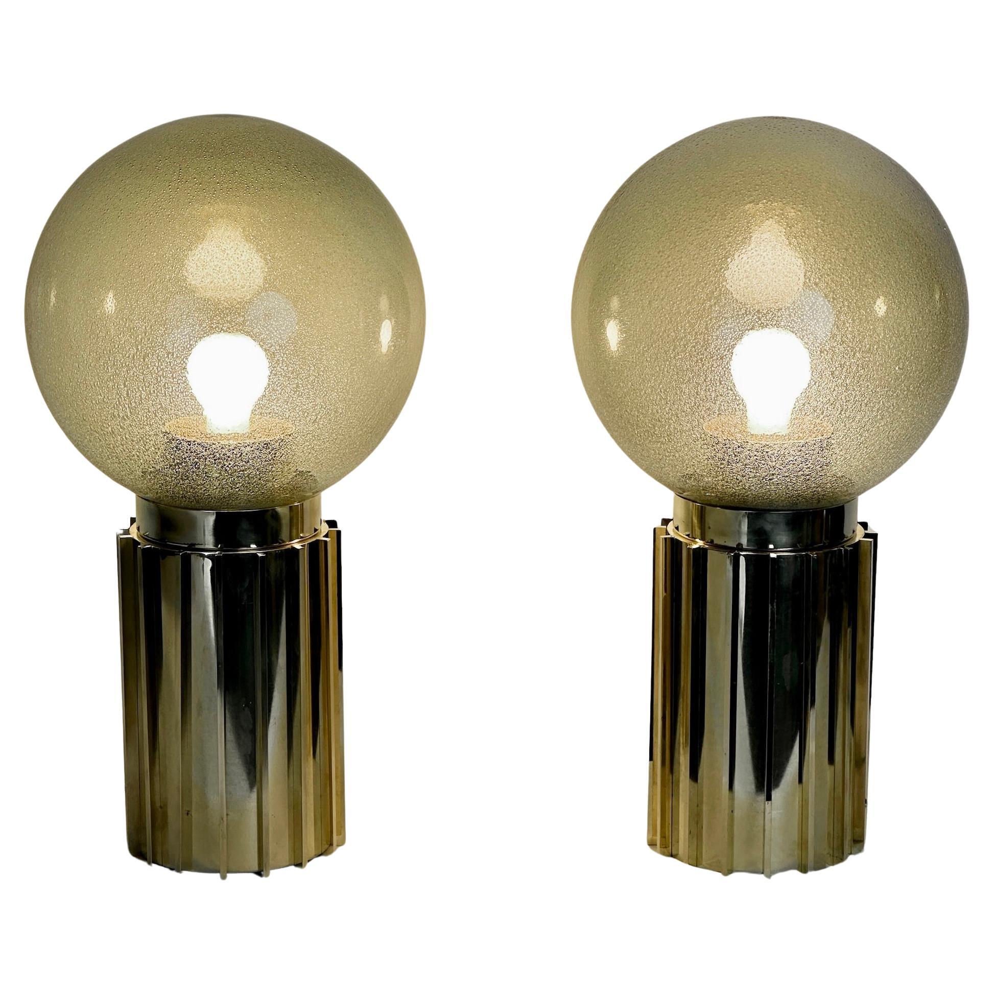 Late 20th Century Pair of Brass & Smoked Pulegoso Murano Art Glass Table Lamps For Sale