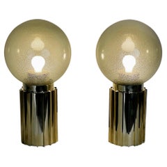 Late 20th Century Pair of Brass & Smoked Pulegoso Murano Art Glass Table Lamps