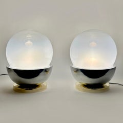 Late 20th Century Pair of Brass, Steel & Faded Blown Murano Glass Table Lamps