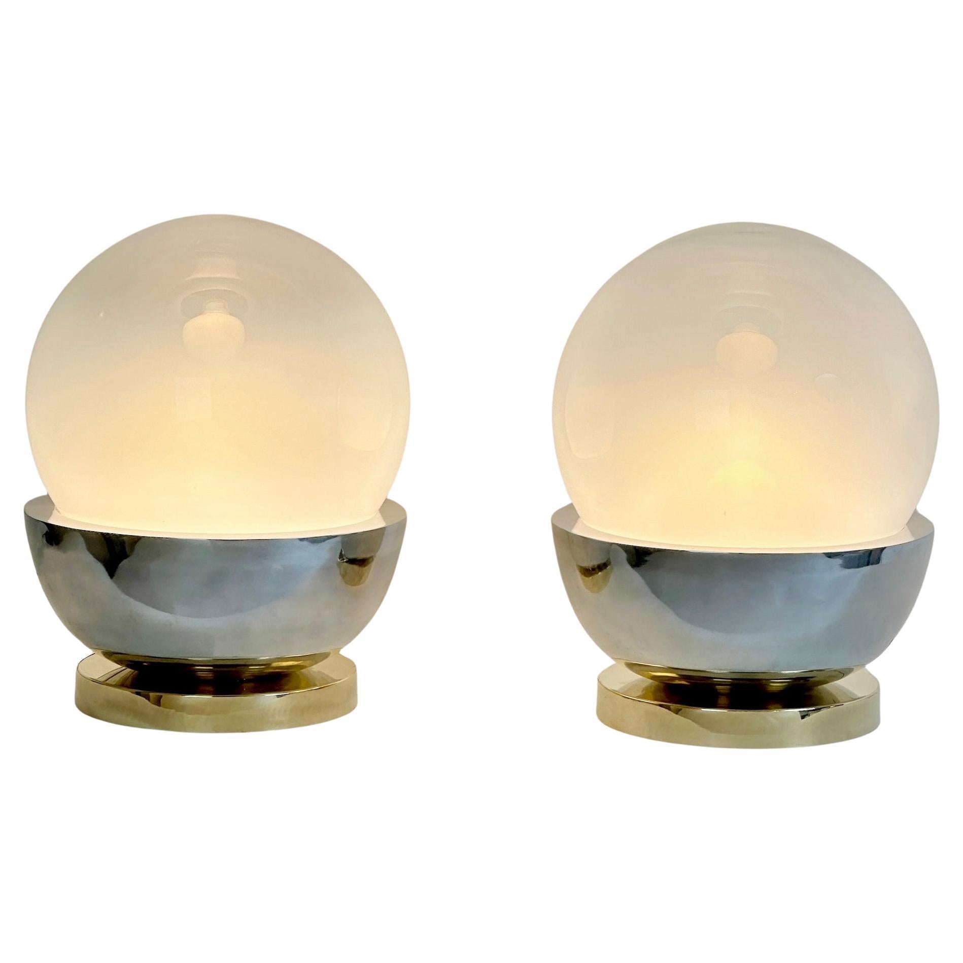 Paire de lampes de table en laiton, acier et verre soufflé de Murano de la fin du 20e siècle