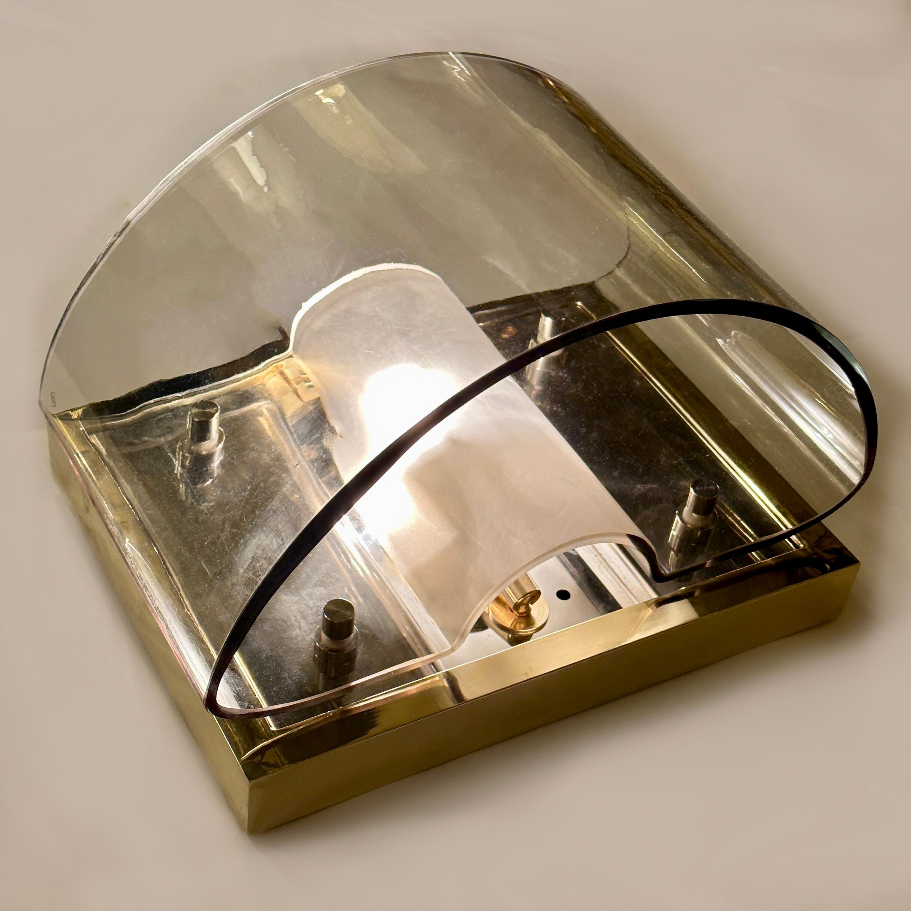 Italian Late 20th Century Pair of Brass, Steel & Smoked Murano Glass by Vistosi For Sale