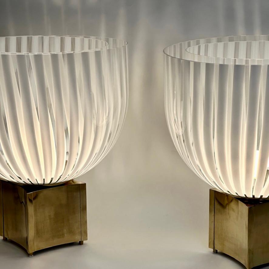 Modern Late 20th Century Pair of Brass & Striped White Murano Art Glass Table Lamps For Sale