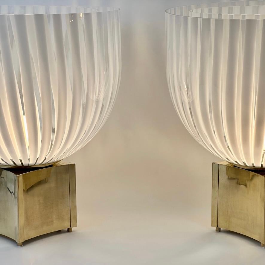 Italian Late 20th Century Pair of Brass & Striped White Murano Art Glass Table Lamps For Sale