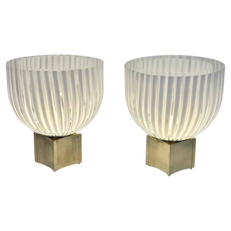 Late 20th Century Pair of Brass & Striped White Murano Art Glass Table Lamps For Sale