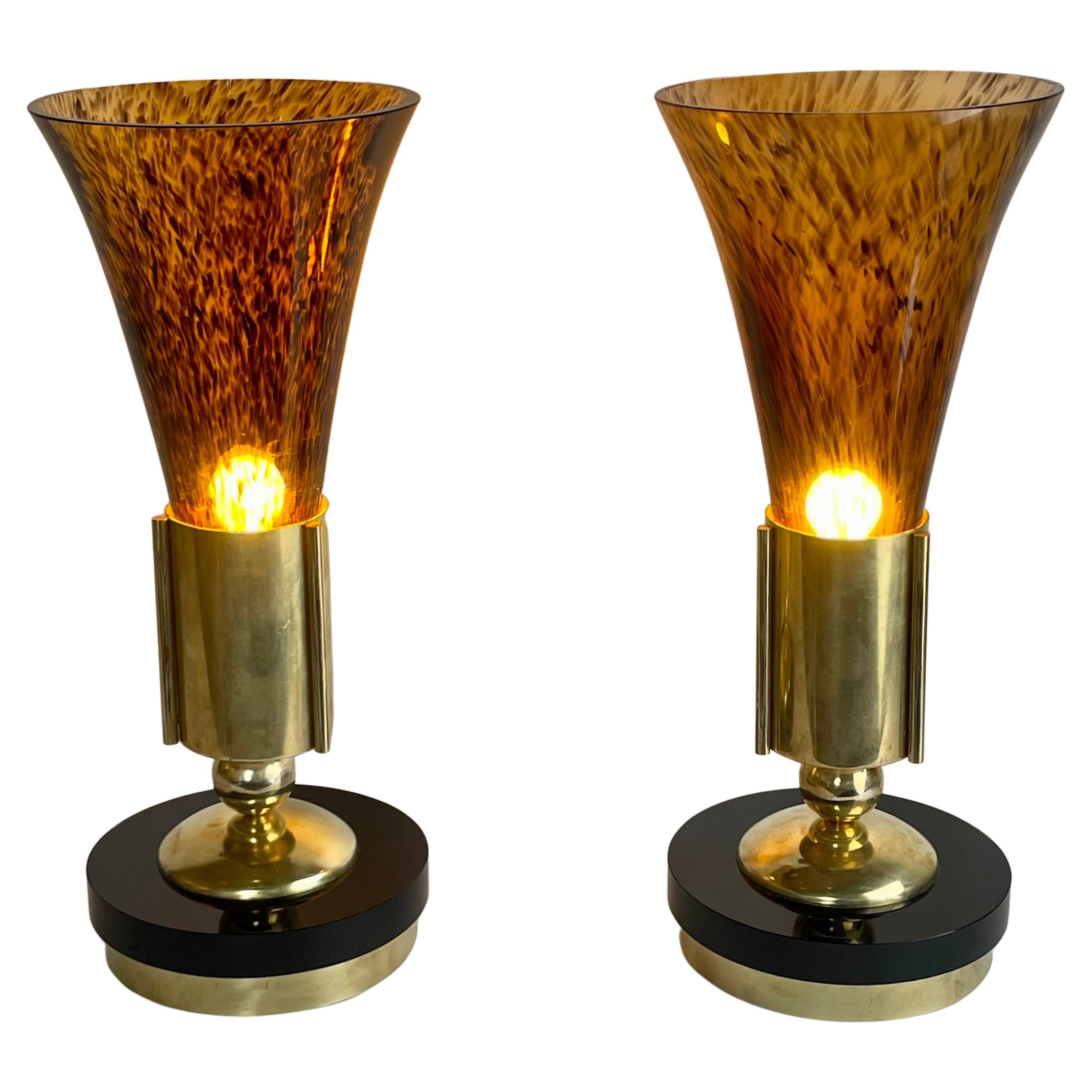 Late 20th Century Pair of Brass & Tortoiseshell Murano Art Glass Table Lamps