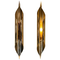 Late 20th Century Pair of Brass & Transparent Triangular Venini Glass Bar Sconce