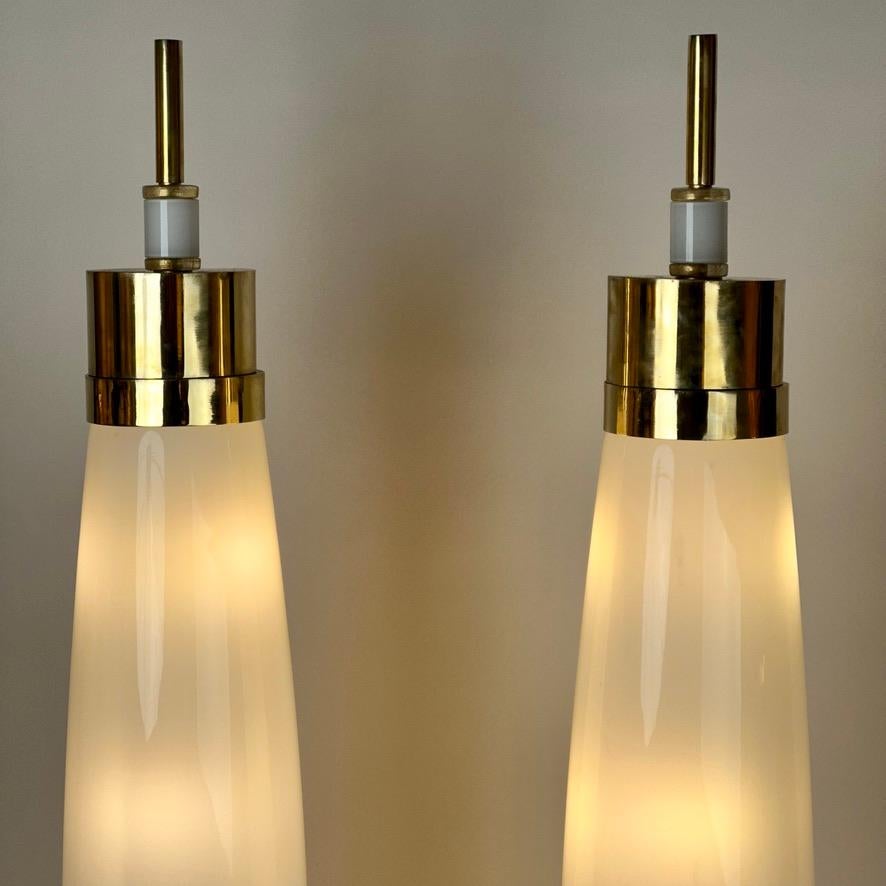 Modern Late 20th Century Pair of Brass & White Murano Hand Blown Glass Floor Lamps For Sale