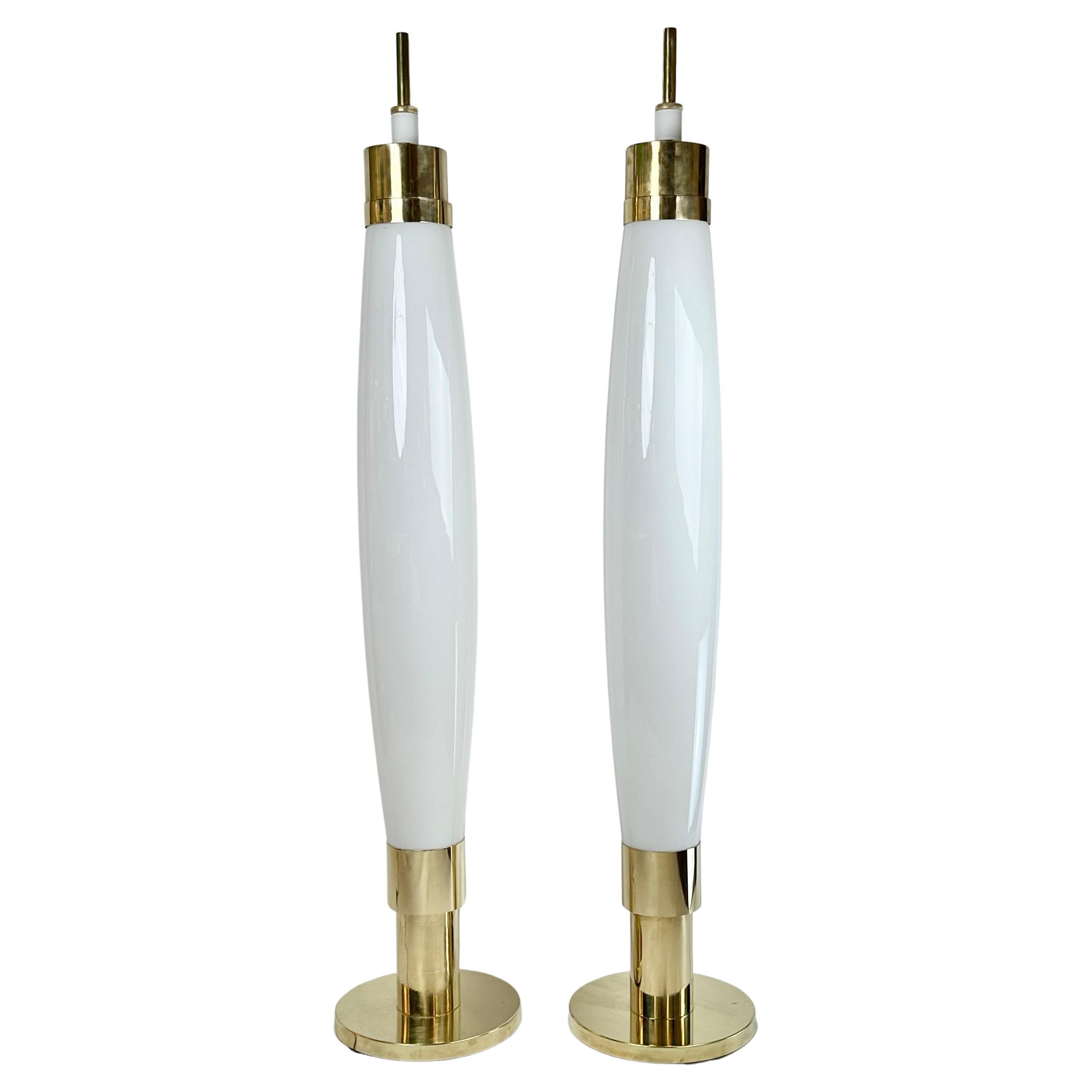 Late 20th Century Pair of Brass & White Murano Hand Blown Glass Floor Lamps For Sale
