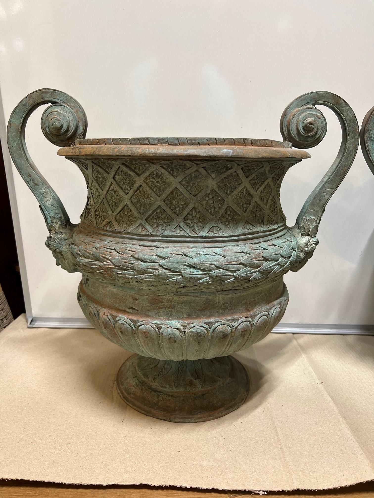 Late 20th Century Pair of Bronze Urns with Handles and a Verde Patina In Good Condition In Stamford, CT