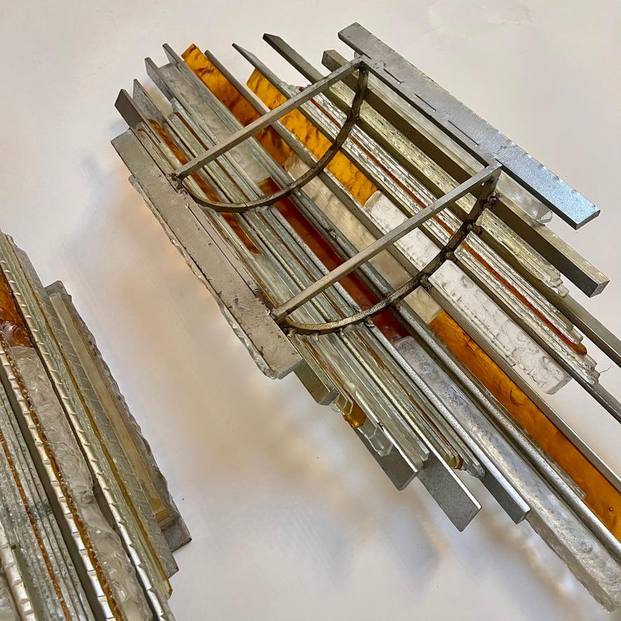 Late 20th Century Pair of Brutalist Iron & Glass Sconces by A. Poli for Poliarte In Good Condition For Sale In Firenze, Tuscany