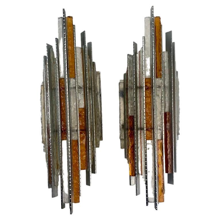 Late 20th Century Pair of Brutalist Iron & Glass Sconces by A. Poli for Poliarte For Sale