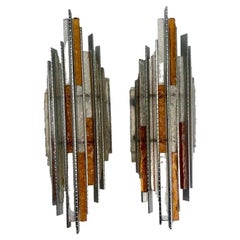 Late 20th Century Pair of Brutalist Iron & Glass Sconces by A. Poli for Poliarte