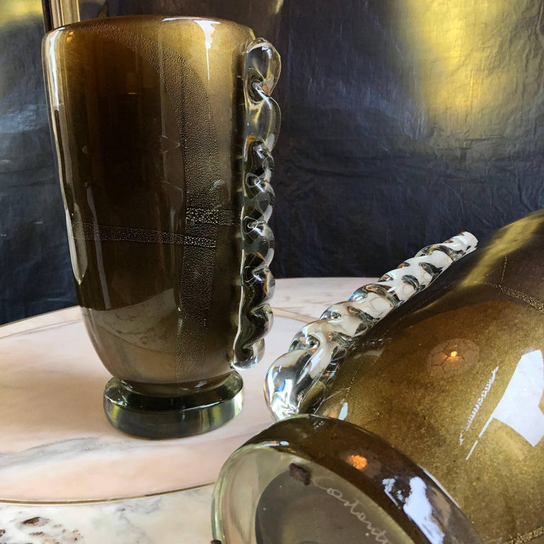 Late 20th Century Pair of Dark Brown and Gold Murano Glass Vases by