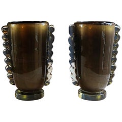 Late20th Century Pair of Dark Brown & Gold Murano Glass Vases by Costantini