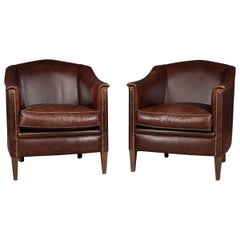 Late 20th Century Pair of Dutch Dark Sheepskin Leather Club Chairs