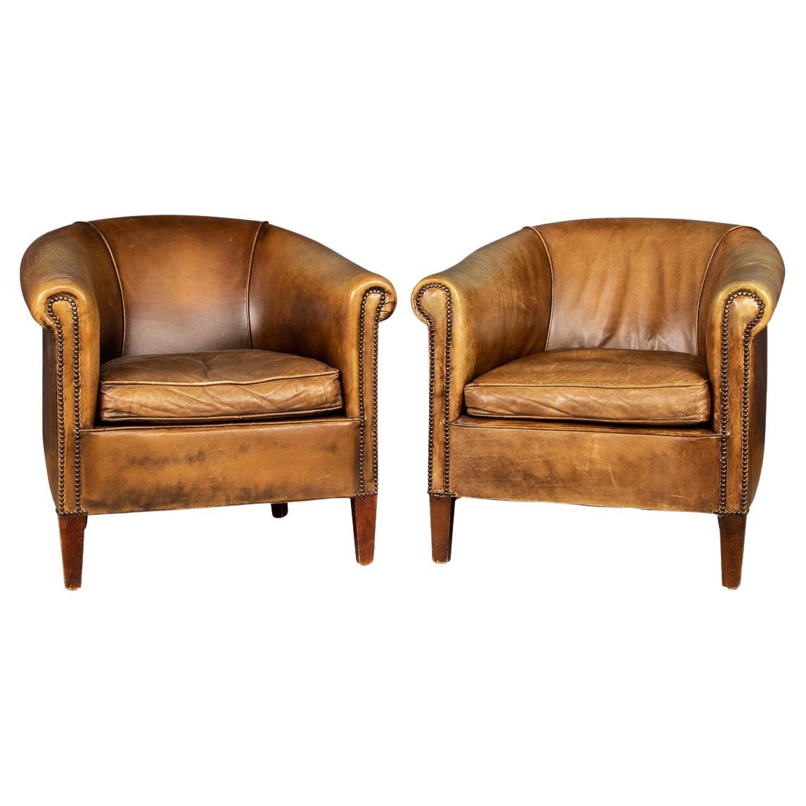 Late 20th Century Pair of Dutch Leather Club Chairs For Sale