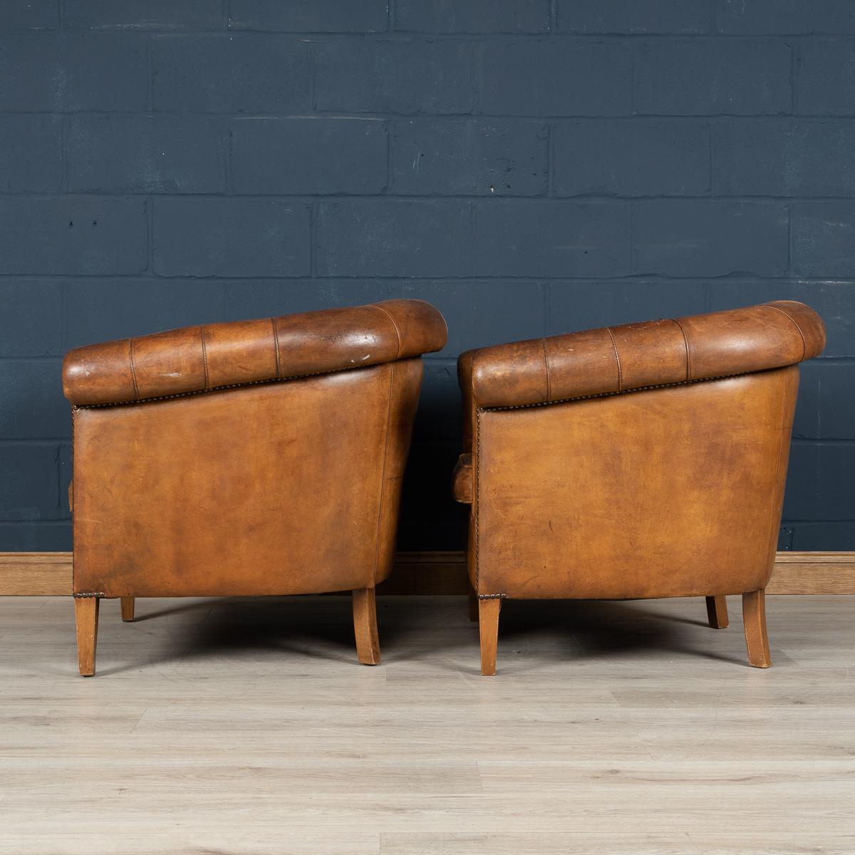 Late 20th Century Pair of Dutch Sheepskin Leather Club Chairs In Good Condition In Royal Tunbridge Wells, Kent