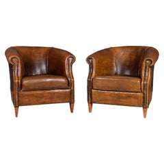 Late 20th Century Pair of Dutch Sheepskin Leather Club Chairs